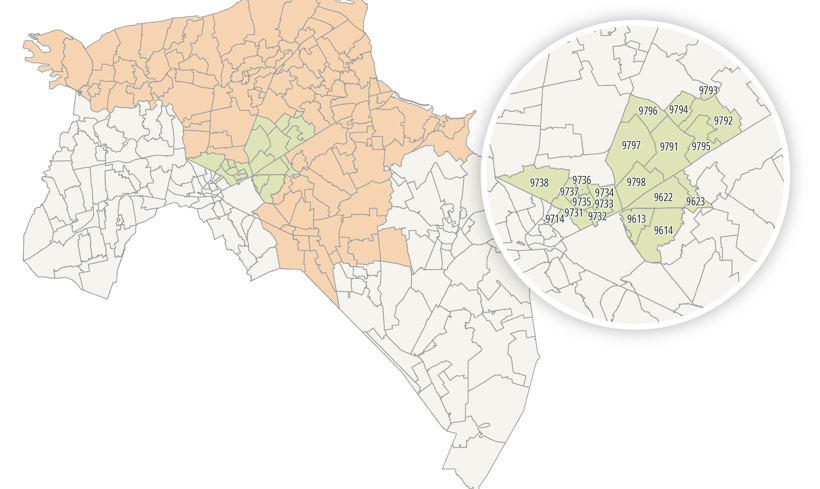 Kaartje waarop het gebied noord en oost Groningen is omcirkeld