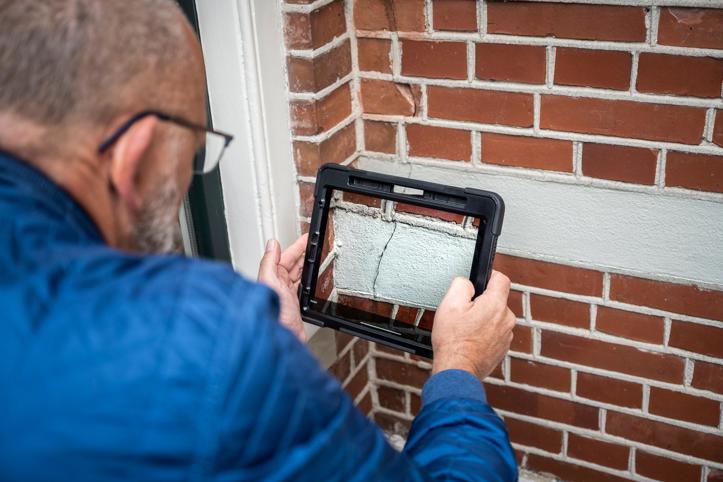 Een persoon maakt met een tablet een foto van een scheur in een buitenmuur.