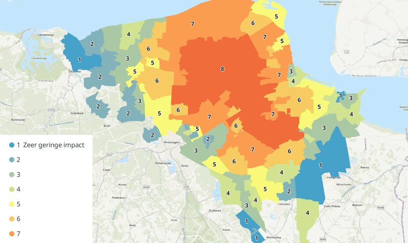 Plattegrond van het waardedalingsgebied, opgedeeld in zwaartecategorieën