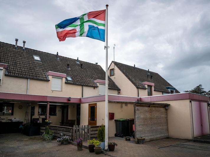 De Groningse vlag wappert bij een rij roze huizen in Sappemeer