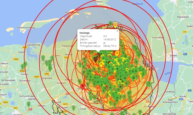 Effectgebied Huizinge met alle bevingen en duiding Huizinge