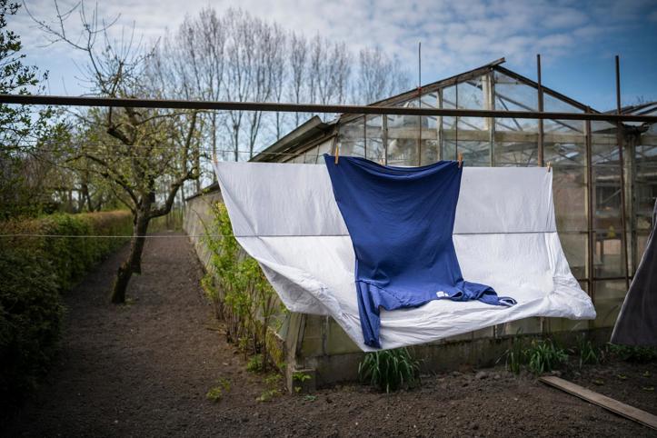 Aan een waslijn in de achtertuin wappert de was in de wind.