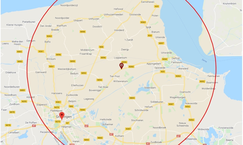 Effectgebied van de beving bij Garrelsweer van 16 november, op basis van 2 mm/s (1 procent overschrijdingskans) en 3.2 op de schaal van Richter,